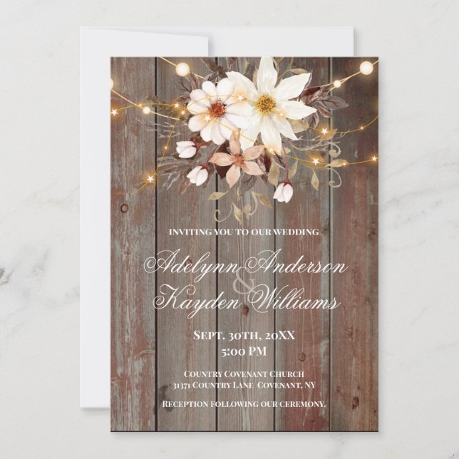 Convite Modern Rustic Wood Floral Lights Wedding  (Frente)