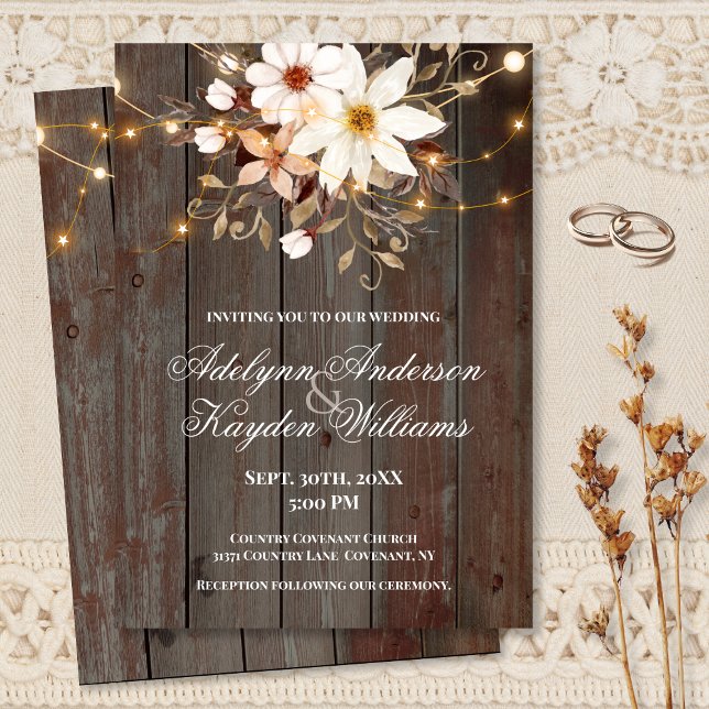 Convite Modern Rustic Wood Floral Lights Wedding  (Criador carregado)