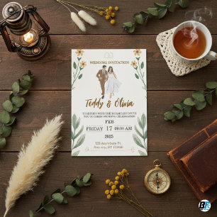 Convite Modern Sage Brown and Black With Photo Weding (Cas