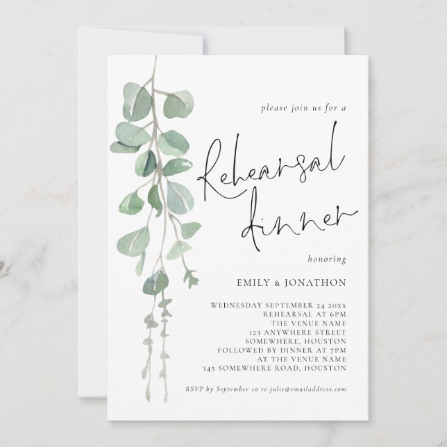 Convite Modern Sage Eucalyptus Script Rehearsal Dinner (Frente)