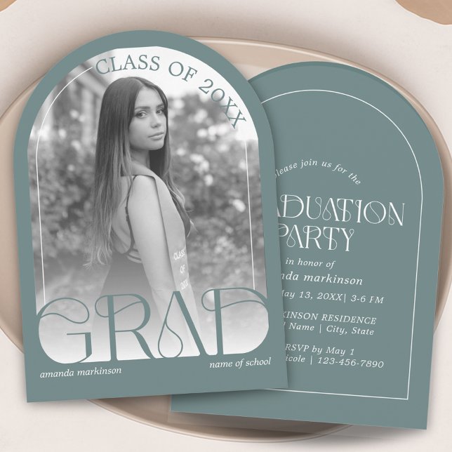 Convite Modern Sage Green Arch Photo Graduation Party (Criador carregado)