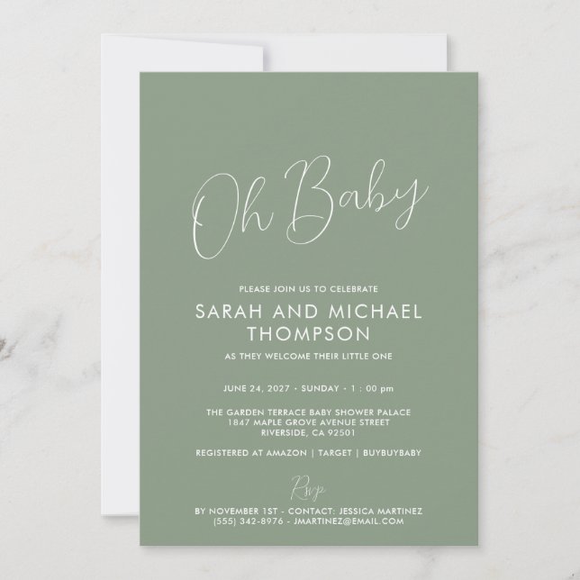 Convite Modern Sage Green Baby Shower Elegant Script (Frente)
