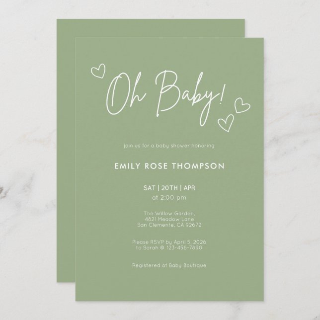Convite Modern Sage Green Baby Shower Minimal Script (Frente/Verso)