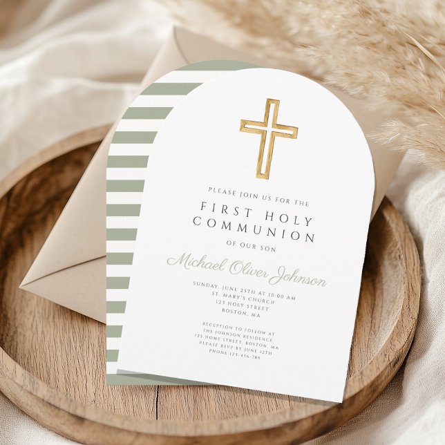 Convite Modern Sage Green Cross First Communch (Modern Sage Green Cross First Communion Arch Invitation)