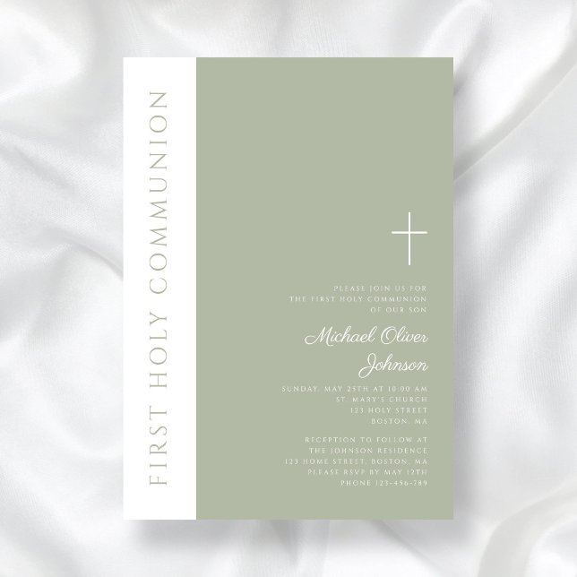 Convite Modern Sage Green Cross First Santa Comunhão (Modern Sage Green Cross First Holy Communion Invitation)