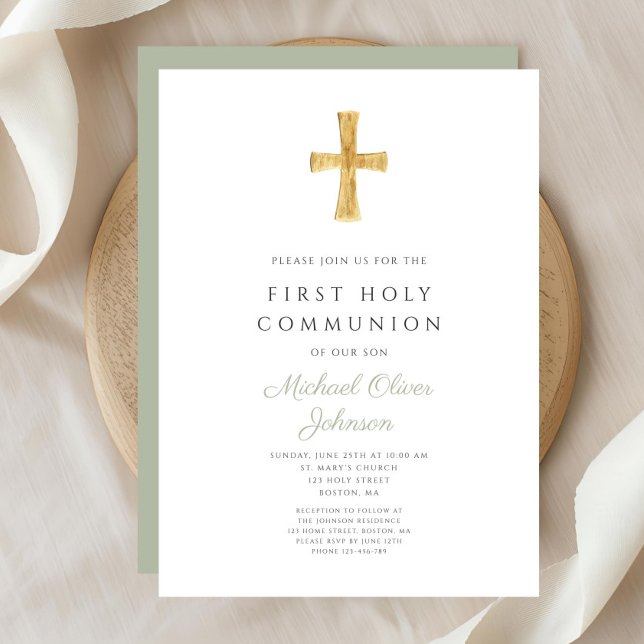 Convite Modern Sage Green Cross - Primeira Comunhão (Modern Sage Green Cross First Communion Invitation )