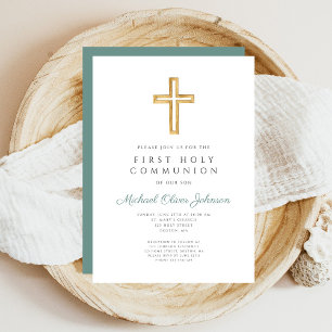 Convite Modern Sage Green Cross Religious First Communion