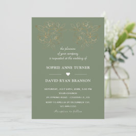 Convite Modern Sage Green Gold Line Art Flowers Wedding