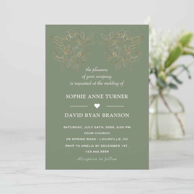 Convite Modern Sage Green Gold Line Art Flowers Wedding (Em pé/Frente)