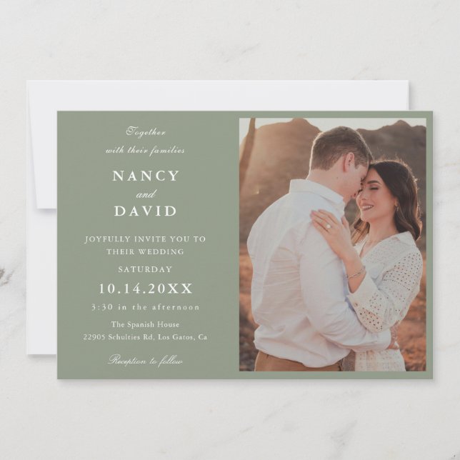 Convite Modern Sage Green Photo Wedding Invitation (Frente)