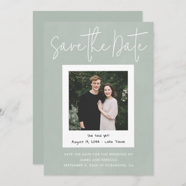 Convite Modern Sage Green Snapshot Photo Save the Date (Frente/Verso)