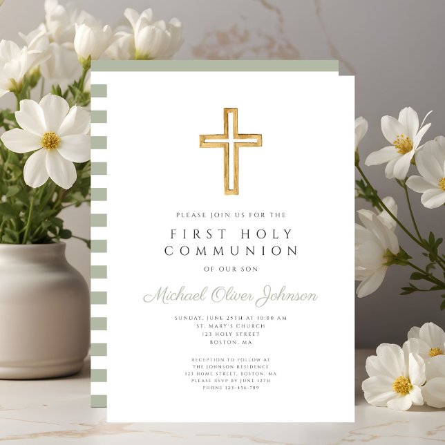 Convite Modern Sage Green Stripes cruza Primeira Comunhão (Modern Sage Green Stripes Cross First Communion Invitation)