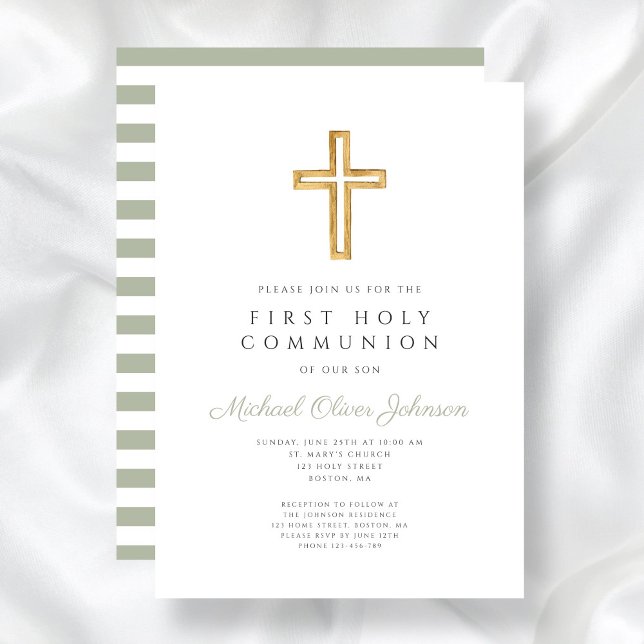 Convite Modern Sage Green Stripes cruza Primeira Comunhão (Modern Sage Green Stripes Cross First Communion Invitation)