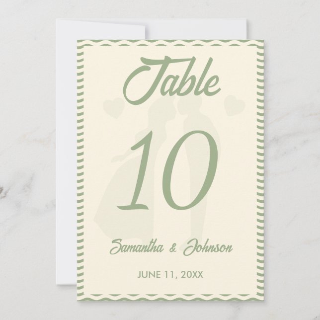 Convite Modern Sage Green Wavy Stripe Wedding Table Number (Frente)