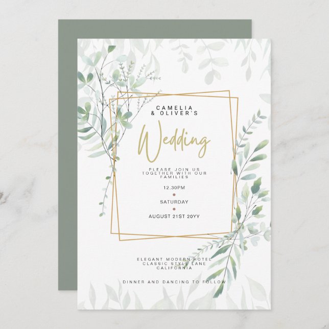 Convite Modern Sage Greenery Casamento QR Código RSVP Conv (Frente/Verso)