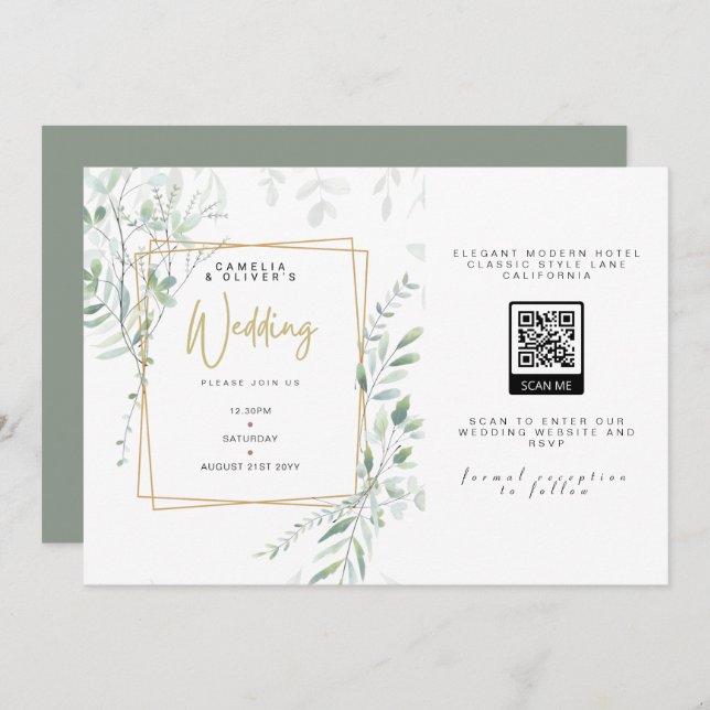 Convite Modern Sage Greenery Casamento QR Código RSVP Conv (Frente/Verso)