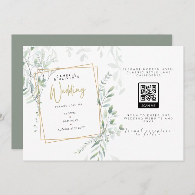 Convite Modern Sage Greenery Casamento QR Código RSVP Conv (Frente/Verso)