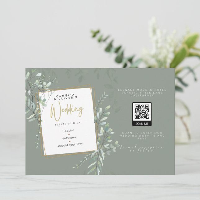 Convite Modern Sage Greenery Wedding Código QR RSVP (Em pé/Frente)