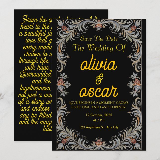 Convite Modern Scandinavian Rosemaling Wedding Invitation  (Frente/Verso)