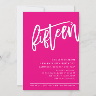 Convite MODERN SCRIPT 15th birthday party hot pink white