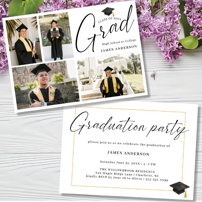Convite Modern Script 4 Photo Collage Graduation Party (Criador carregado)