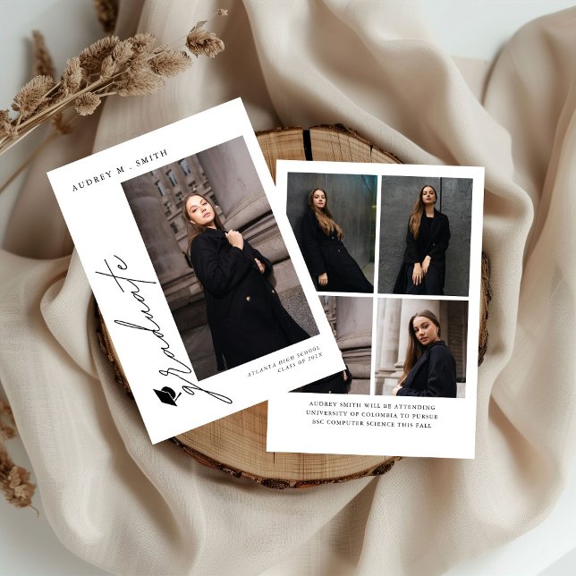 Convite Modern Script 5 Photos Graduation Announcement (Criador carregado)