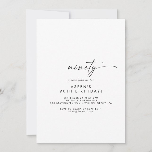 Convite Modern Script 90th Birthday Party Invitation (Frente)