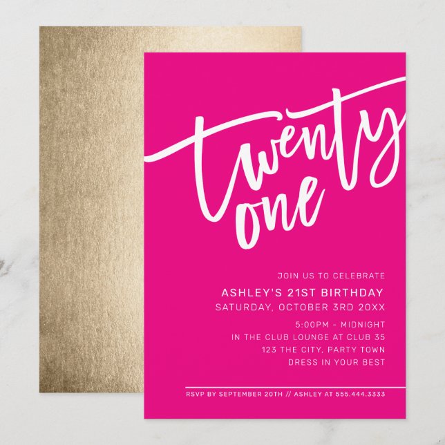 Convite MODERN SCRIPT aniversário de 21 anos - tipo branco (Frente/Verso)