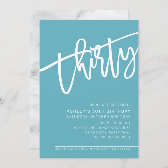 Convite MODERN SCRIPT aniversário de 30 anos turquoise whi (Frente/Verso)
