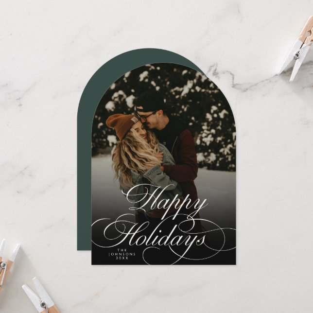 Convite Modern Script & Arch 1 Photo Green Christmas Card (Frente/Verso In Situ)