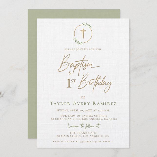 Convite Modern Script Baptism and 1st Birthday Green Gold  (Frente/Verso)