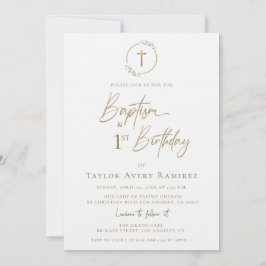 Convite Modern Script Baptism and 1st Birthday Green Gold 