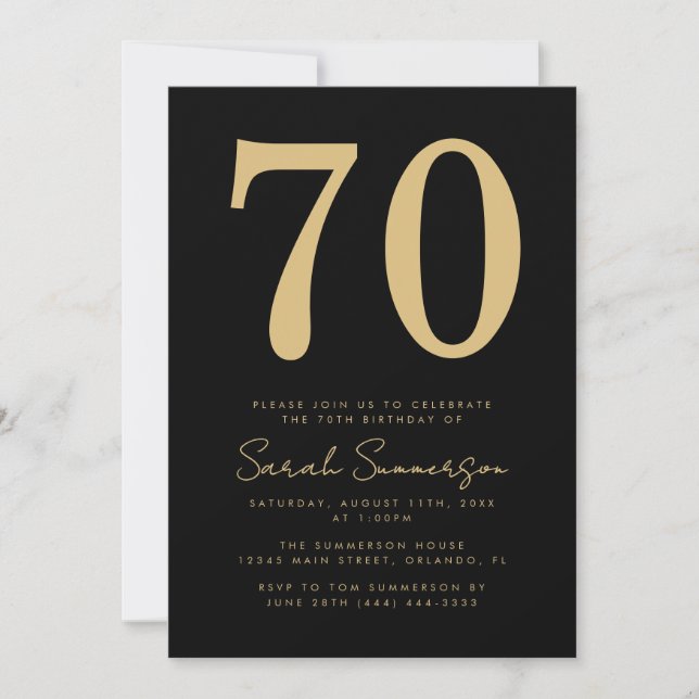 Convite Modern Script Black Gold Seventy 70th Birthday (Frente)