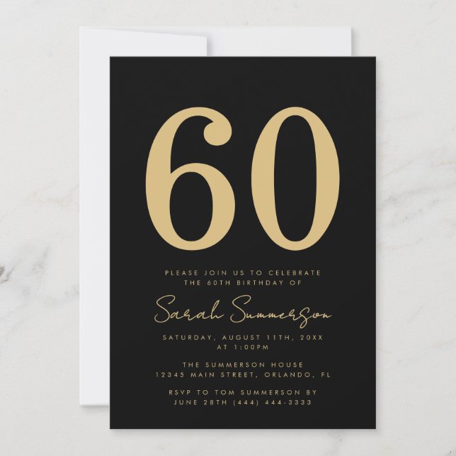 Convite Modern Script Black Gold Sixty 60th Birthday Party (Frente)