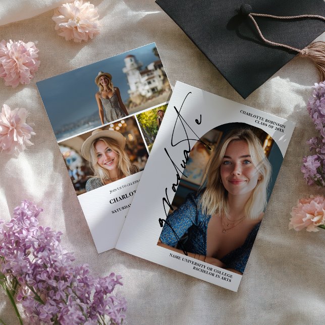 Convite  Modern Script black graduate photo graduation (Modern Script black graduate photo graduation Invitation)