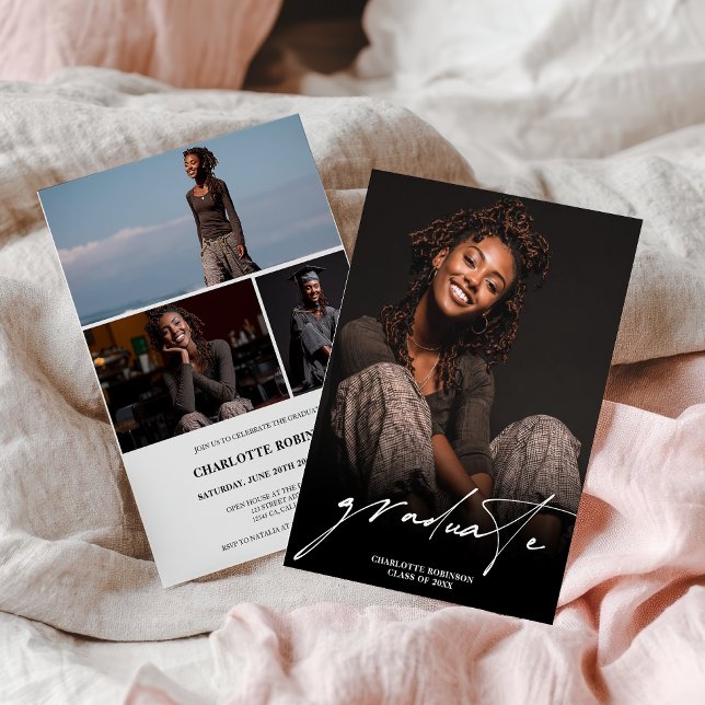 Convite Modern Script Black White 4 Photo Graduation (Modern Script Black White 4 Photo Graduation Invitation)