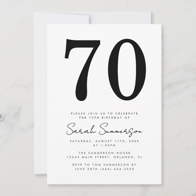 Convite Modern Script Black White Seventy 70th Birthday (Frente)
