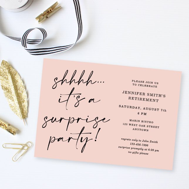 Convite Modern Script Blush Pink Surprise Retirement Party (Criador carregado)