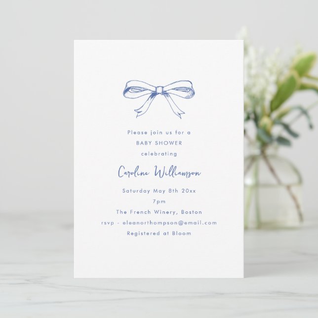 Convite Modern Script Coquette Bow Blue Baby Shower (Em pé/Frente)