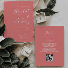 Convite Modern Script Coral Pink QR Code Wedding