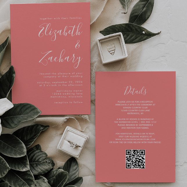 Convite Modern Script Coral Pink QR Code Wedding (Criador carregado)
