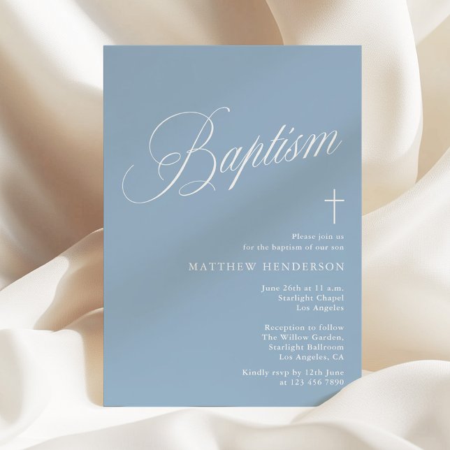 Convite Modern Script Dusty Blue Boys Baptism (Criador carregado)