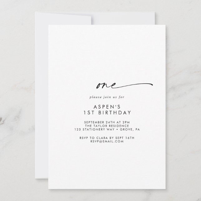 Convite Modern Script First Birthday Party Invitation (Frente)