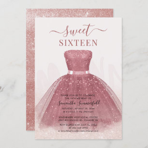 Convite Modern Script Glitter Sweet 16 Rosa Dourado