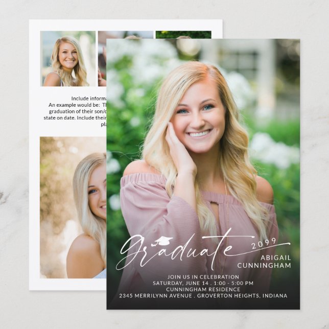 Convite Modern Script Graduate 5 Photo Graduation (Frente/Verso)