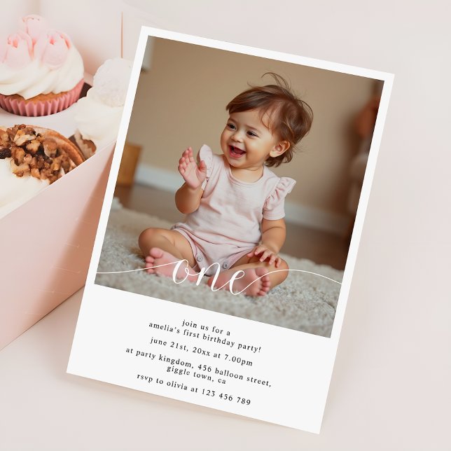 Convite Modern Script Overlay Baby's First Birthday Photo (Criador carregado)