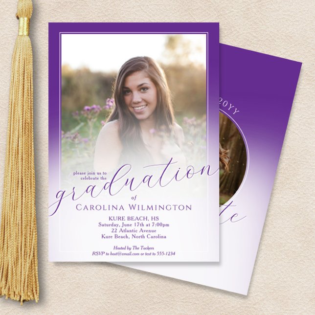 Convite Modern Script Purple Ombre Photo Graduation (Criador carregado)