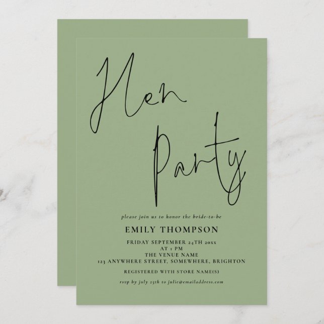 Convite Modern Script Sage Green Hen Party (Frente/Verso)