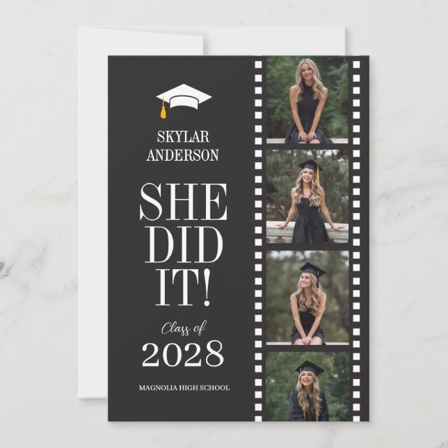 Convite Modern Script Senior Photo Graduation Black Reel (Frente)