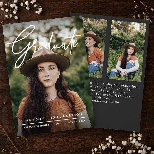 Convite Modern Script Simple Photo Graduation Announcement (Criador carregado)